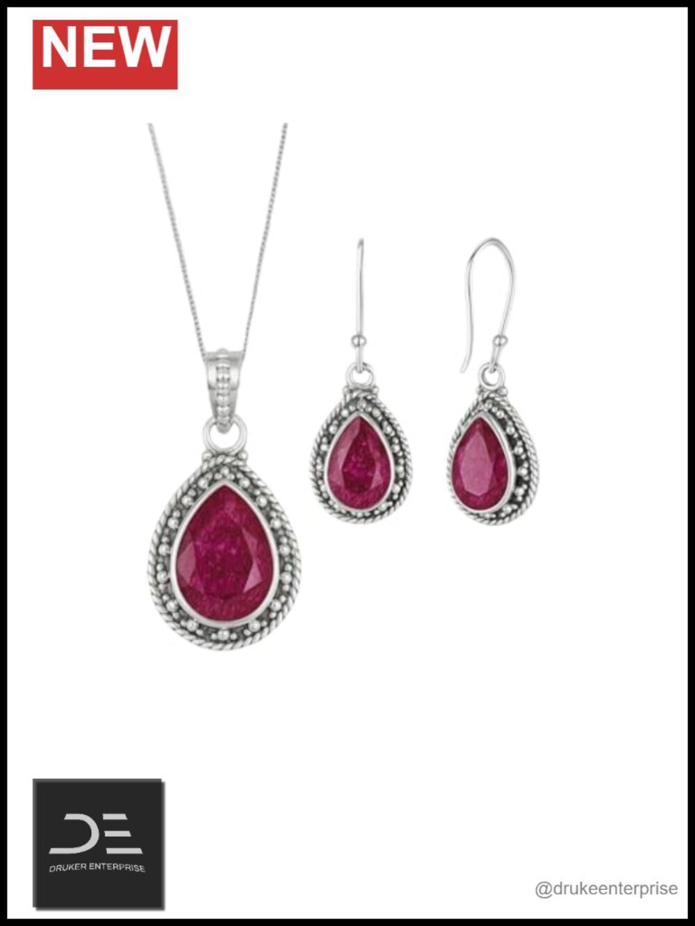 Raw Ruby Necklace and Earring Set in Solid 925 Sterling Silver Natural Gemstone